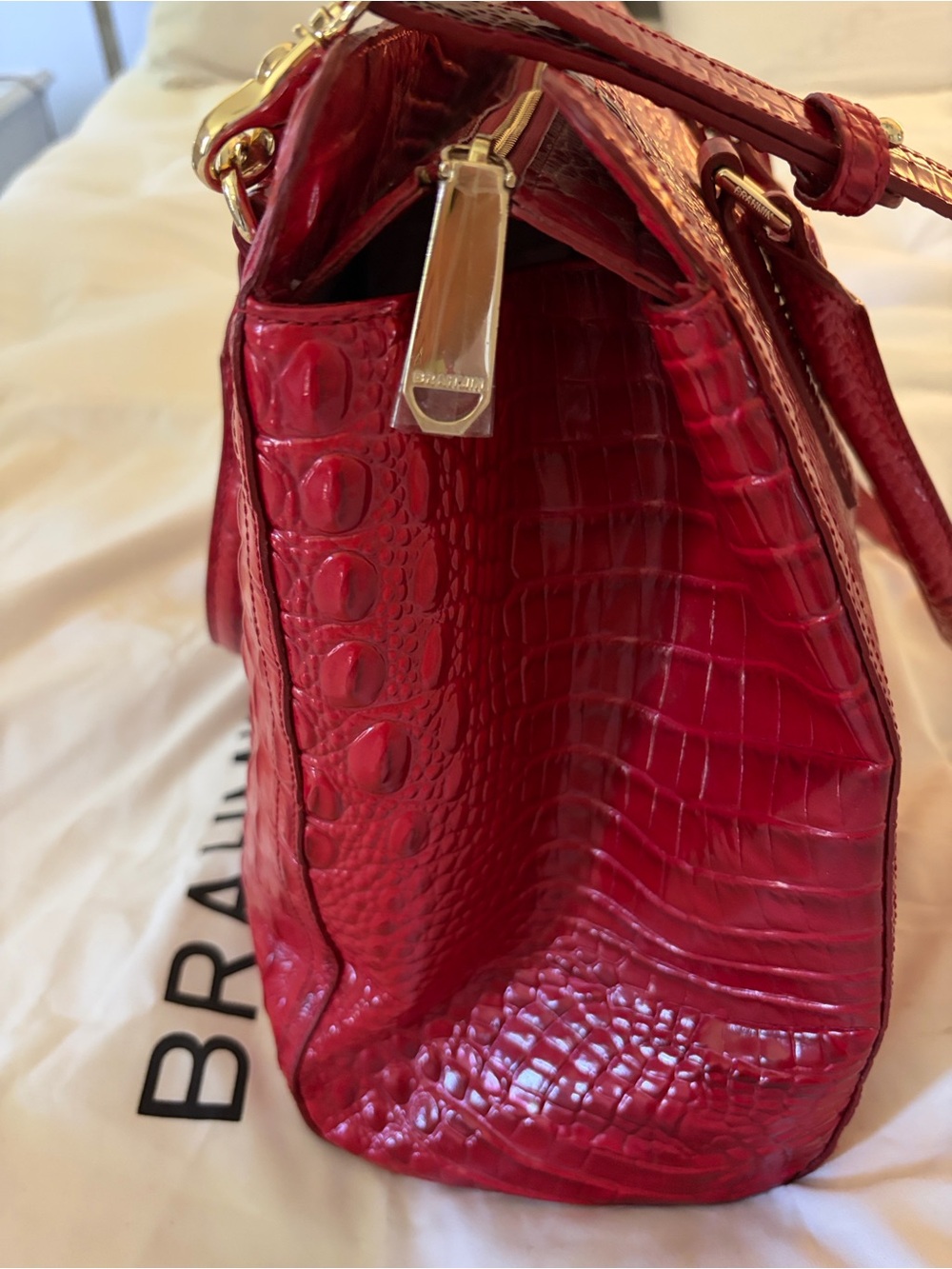 Brahmin Red Embossed Croc-Textured Satchel with Gold Hardware - Picture 4 of 7